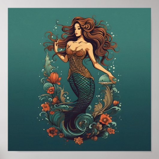 Poster Sirène à fleurs cerclées (Devant)