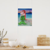 Poster Sirène à tête rouge sur la plage avec phare (Cuisine)