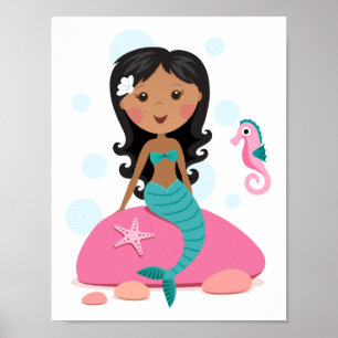 Poster sirène afro-américaine fille étoile de mer hippoca