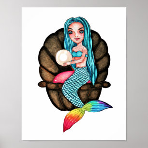 Poster Sirène Arc-En-Ciel Avec Perle En Aquarelle