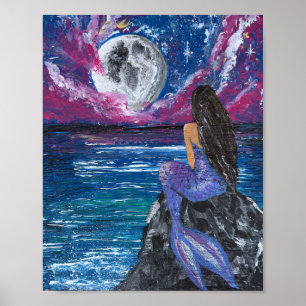 Poster Sirène au clair de lune, œuvre d'art faite à la ma
