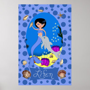 Poster Sirène bleue et dauphin imprimé