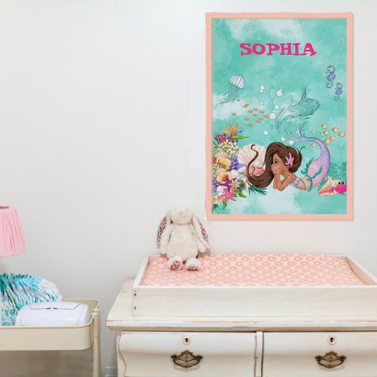 Poster Sirène Cheveux Noirs Étoile de Mer Rose Mignon Per