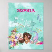 Poster Sirène Cheveux Noirs Étoile de Mer Rose Mignonne P (Devant)