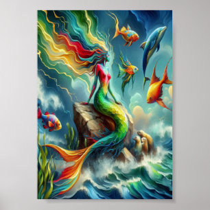 Poster Sirène colorée assise sur la Rive Rocheuse 5x7