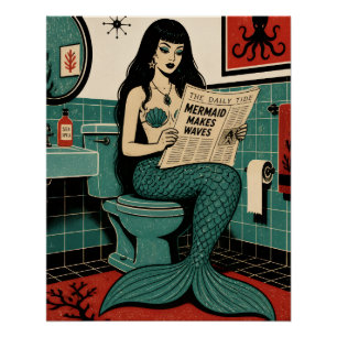 Poster Sirène de milieu de siècle sur les toilettes en tr