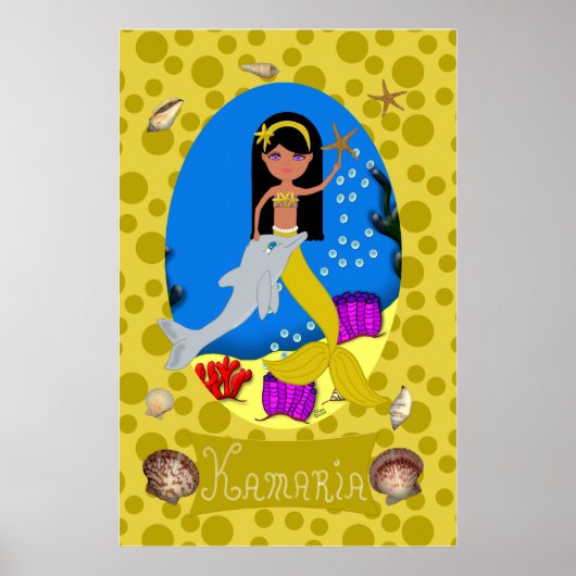 Poster Sirène d'or et dauphin (Devant)