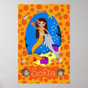 Poster Sirène orange et avec imprimé dauphin