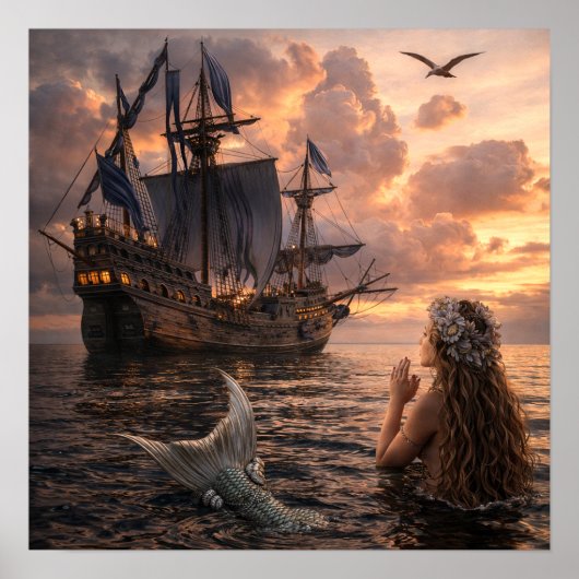 Poster Sirène regardant un navire à voiles (Devant)