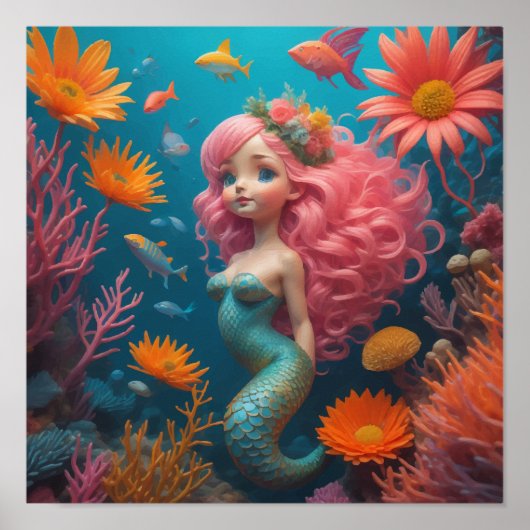 Poster Sirène Rose Mignonne (Devant)
