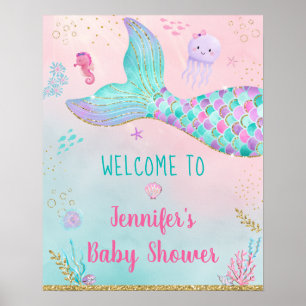Poster Sirène Sous Le Baby shower D'Or De La Mer Bienvenu