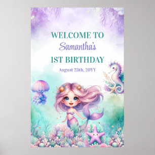 Poster Sirène turquoise et violette 1er anniversaire bien