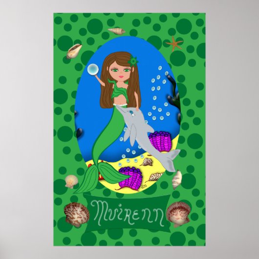 Poster Sirène verte et dauphin (Devant)