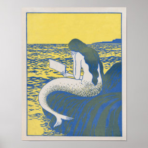 Poster Sirène vintage lisant un livre