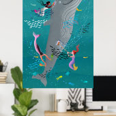 Poster Sirènes assistant à une baleine et nettoyant l'oce (Bureau à domicile)