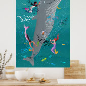 Poster Sirènes assistant à une baleine et nettoyant l'oce (Cuisine)