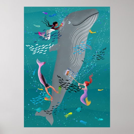 Poster Sirènes assistant à une baleine et nettoyant l'oce (Devant)
