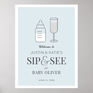 Poster Siroter et voir Champagne Baby shower bleu Bienven
