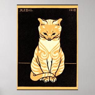 Poster Sitting Cat, Art Nouveau illustration
