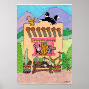 Poster Six chats dans un Adobe House orange
