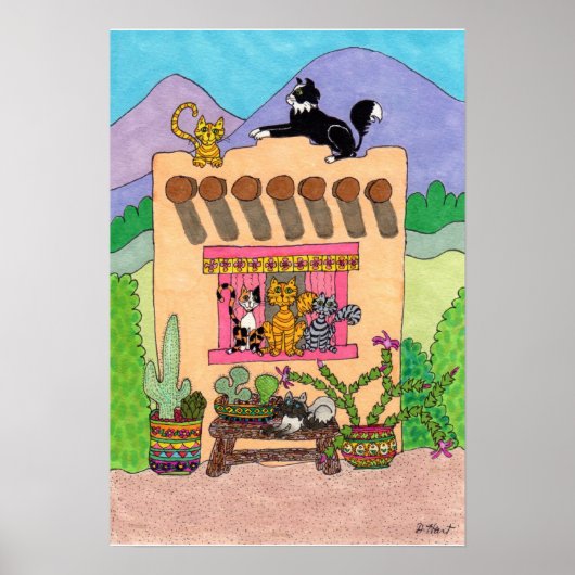 Poster Six chats dans un Adobe House orange (Devant)