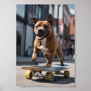 Poster Skateboard Stunt : Un Staffy en déplacement
