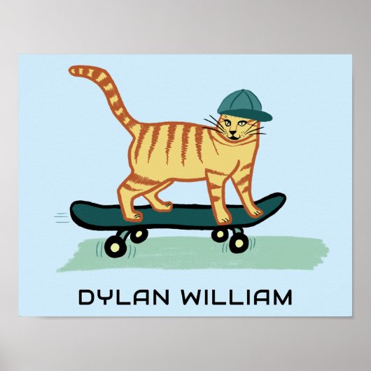 Poster Skateboard Tabby Cat Cute NOM PERSONNALISÉ Nursery (Devant)