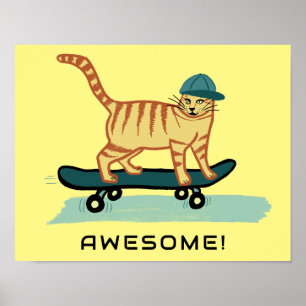 Poster Skateboard Tabby Chat Cute TEXTE PERSONNALISÉ Nurs