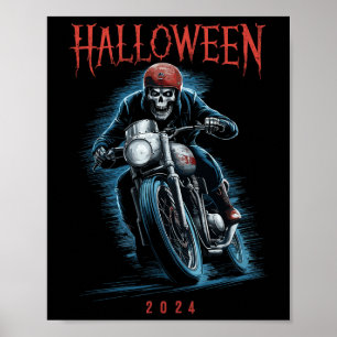 Poster Skeleton Biker Sur Moto Halloween 2024 Éffrayant