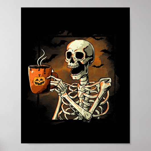 Poster Skeleton Boire Café Drôle Crâne Halloween Cos (Devant)