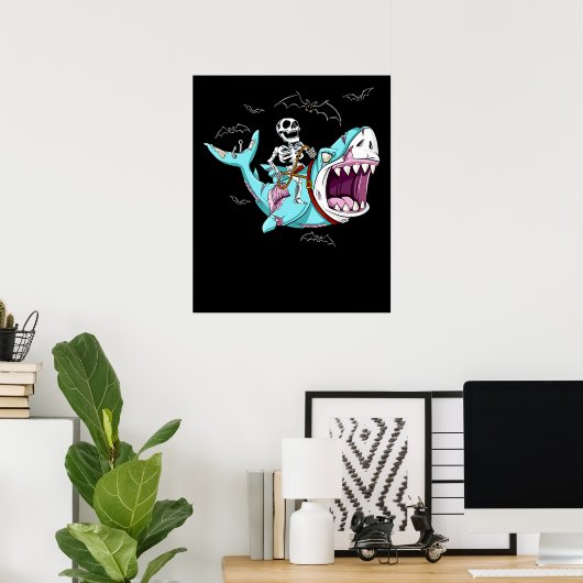 Poster Skeleton équitation Zombie Shark Funny Halloween c (Bureau à domicile)