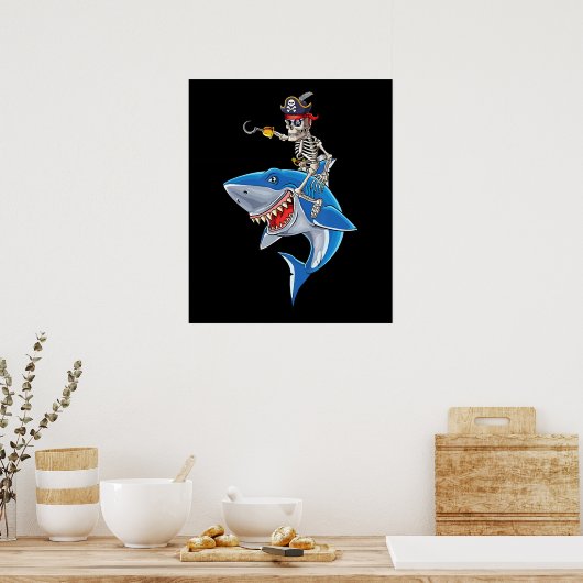 Poster Skeleton Pirate équitation Requin mignonette Garço (Cuisine)