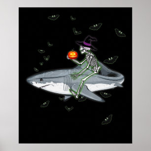 Poster Skeleton Riding Shark - Amusant cadeau Halloween S
