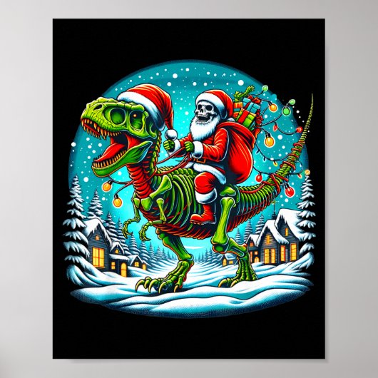 Poster Skeleton Santa Riding T Rex Dinosaur Funny Christm (Devant)