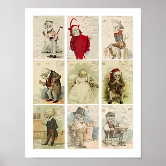 Poster Skeleton Skulls Calendrier des années 1800 vintage (Devant)