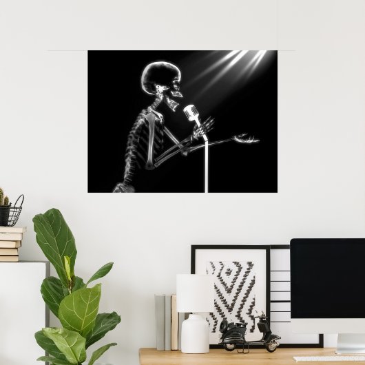 POSTER SKELETON X-RAY CHANTANT SUR RETRO MIC - B&W (Bureau à domicile)