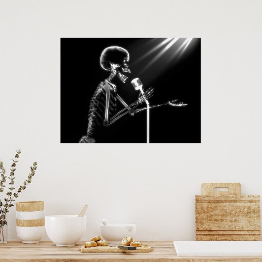 POSTER SKELETON X-RAY CHANTANT SUR RETRO MIC - B&W (Cuisine)