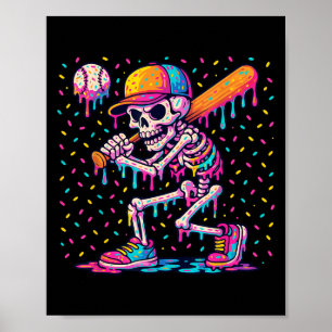 Poster Skelton Jouant au Baseball Halloween Baseball Drip