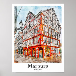 Poster Sketch de l'aquarelle de voyage de Marburg Allemag