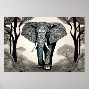 Poster Sketch Whimsical Elephant - Noir & Blanc avec