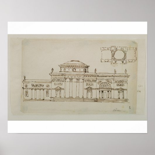 Poster Sketched design for a domed building (pen & ink) (Devant)