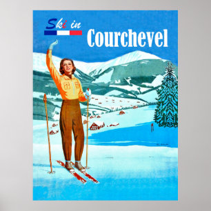 Poster Ski à Courchevel, femme en ski, France