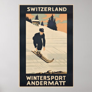Poster Ski dans les Alpes Andermatt Suisse Voyage Vintage