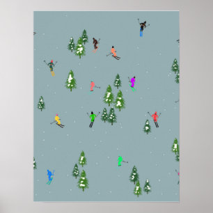 Poster Ski d'ouverture Noël Ski de vacances Skieurs Bleu