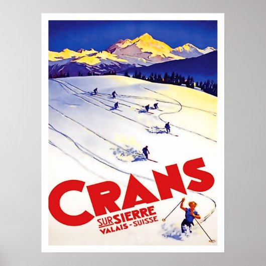 Poster Ski en Crans hill, Suisse, voyage vintage (Devant)