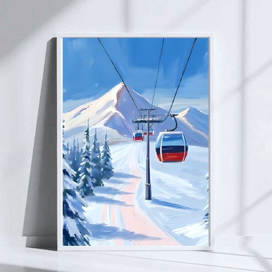 Poster Ski Lift | Snow Mountain Gondola Watercolor