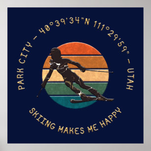 Poster Ski Park City, Utah - Femme Skier, Texte D'Or