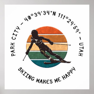 Poster Ski Park City, Utah - Femme skieuse, Texte noir