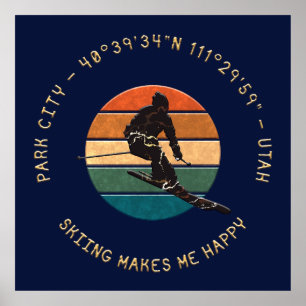 Poster Ski Park City, Utah - Man Skier Golden Text