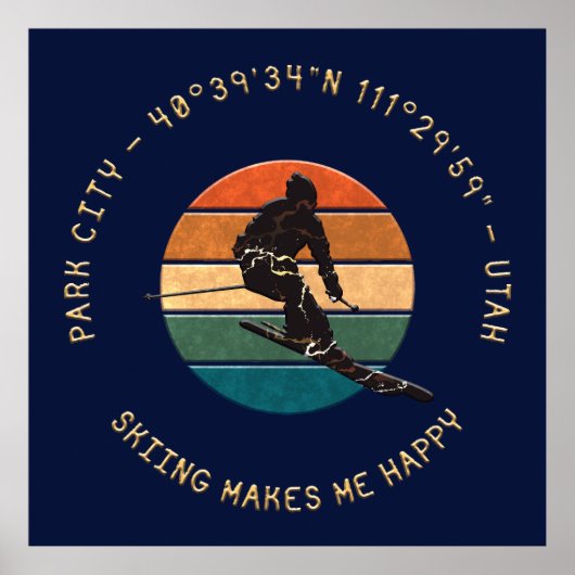 Poster Ski Park City, Utah - Man Skier Golden Text (Devant)
